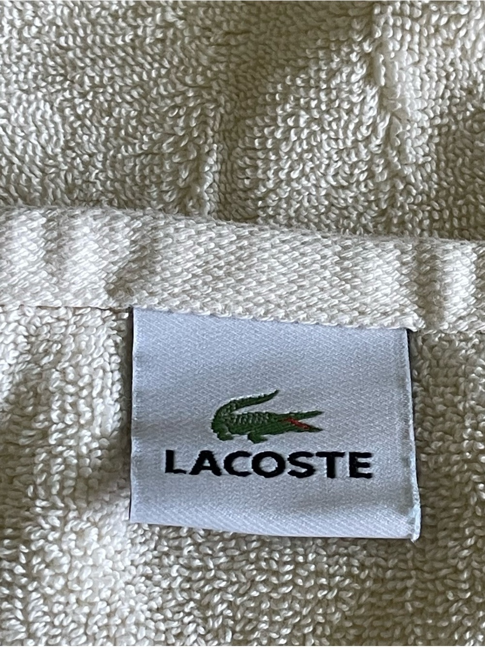 2 Lacoste Cream Towels with Signature Green Crocodile 30x56”